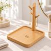 Entryway Key Holder and Jewelry Stand with Branched Hanging Pegs, Recessed Tray, and Removable Solid Wood Post
