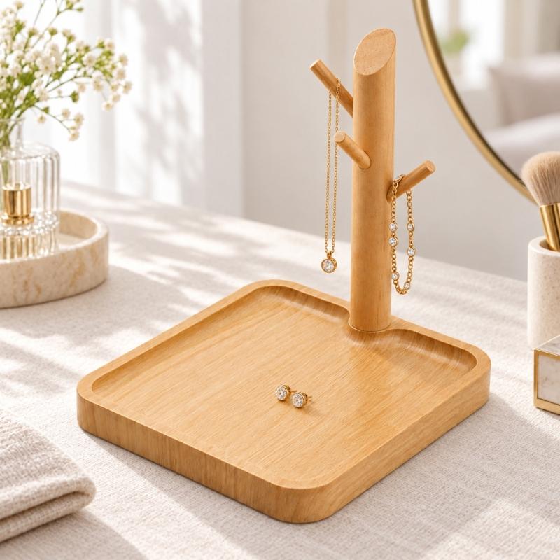 Entryway Key Holder and Jewelry Stand with Branched Hanging Pegs, Recessed Tray, and Removable Solid Wood Post