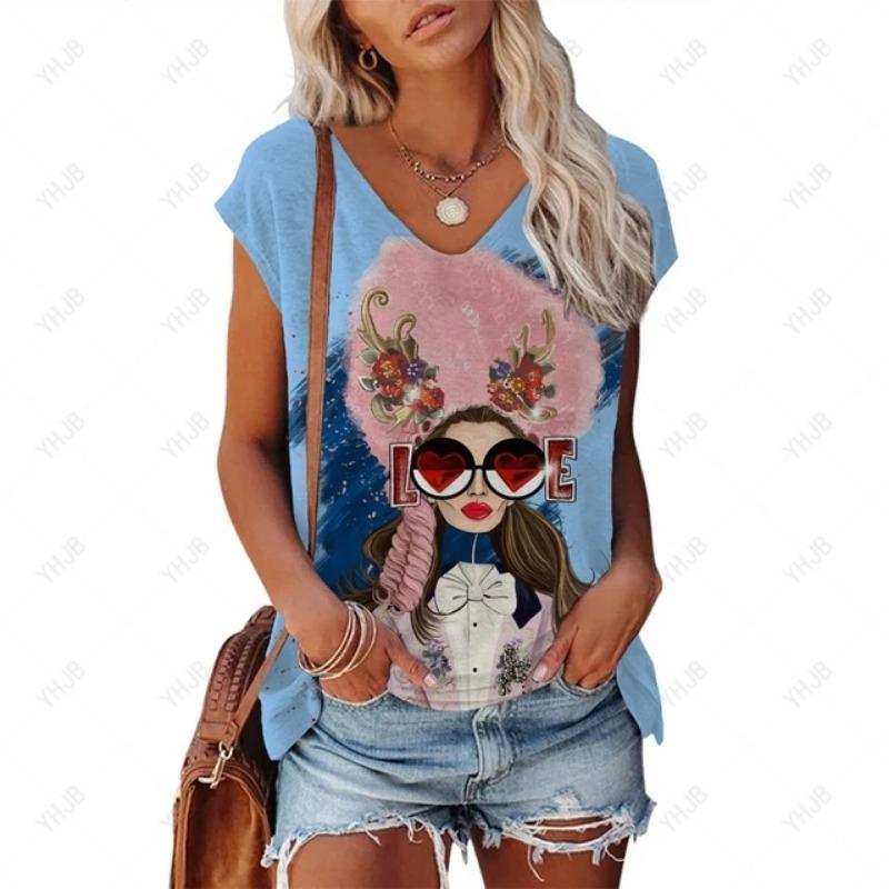Summer New Product Cool And Comfortable V-neck T-shirt Women's Elegant Flower Print Top Casual Simple Short Sleeved T-shirt
