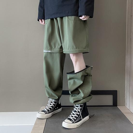 Men Pants Zipper Detachable Solid Color Elastic Waist Drawstring Loose Streetwear American Temperament Straight Wide Leg Cargo Pants Men Clothes