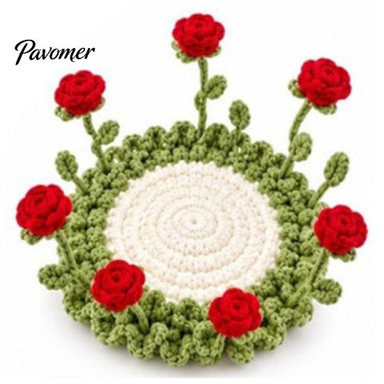 Decorative Tea Cup Pad Blooming Crochet Coaster, Handmade 3D Flower Mat for Coffee Mug Rug Tea, Cotton Yarn Drink Floral Table Decor Desk Protector