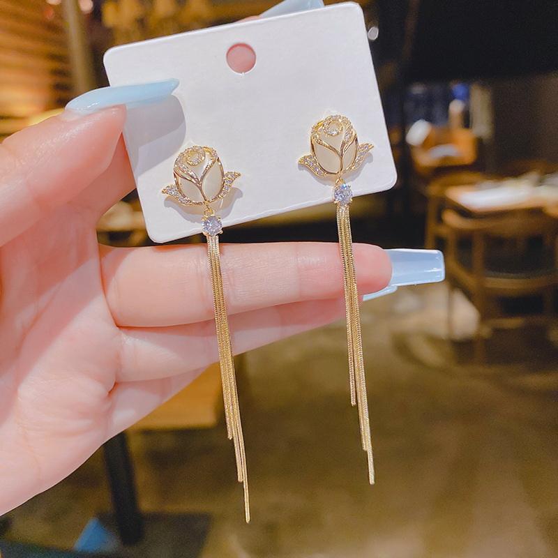 

New Korean Romantic Cherry Blossoms Flower Earrings For Women Fashion Long Tassel Asymmetrical Dangle Earring Girl Sweet Jewelry