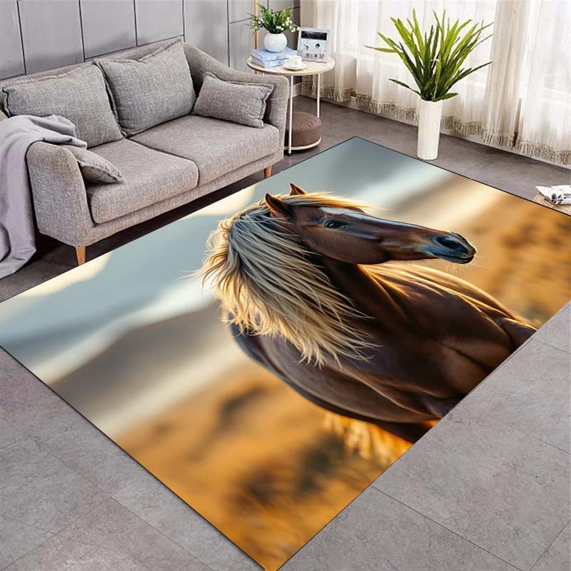 Single Galloping Brown Horse Sunset Meadow Print Area Rug Wildlife Animal Non‑Slip Rectangular Floor Mat Horse Lover Bedroom Home Decor Rug