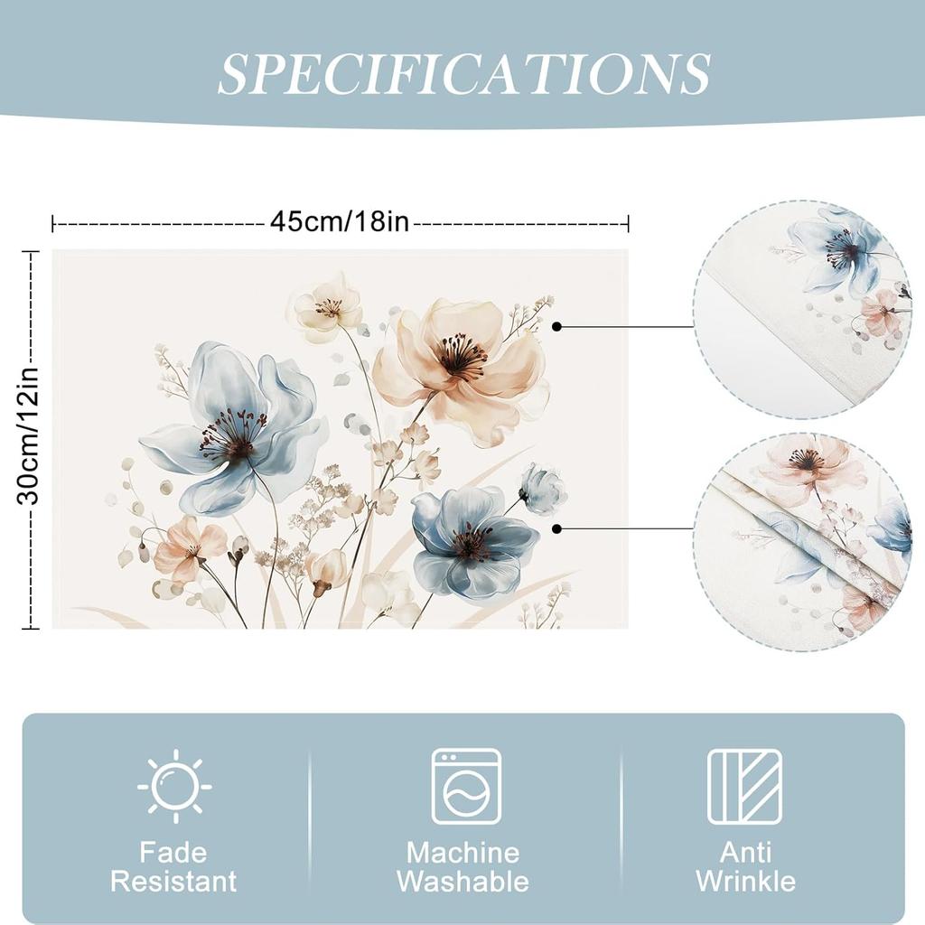 Bonhause Watercolor Floral Placemats Set of 4, 12x18 Inch Blue Brown Flower Leaves Kitchen Dining Table Mats Washable Place Mats for Indoor Outdoor