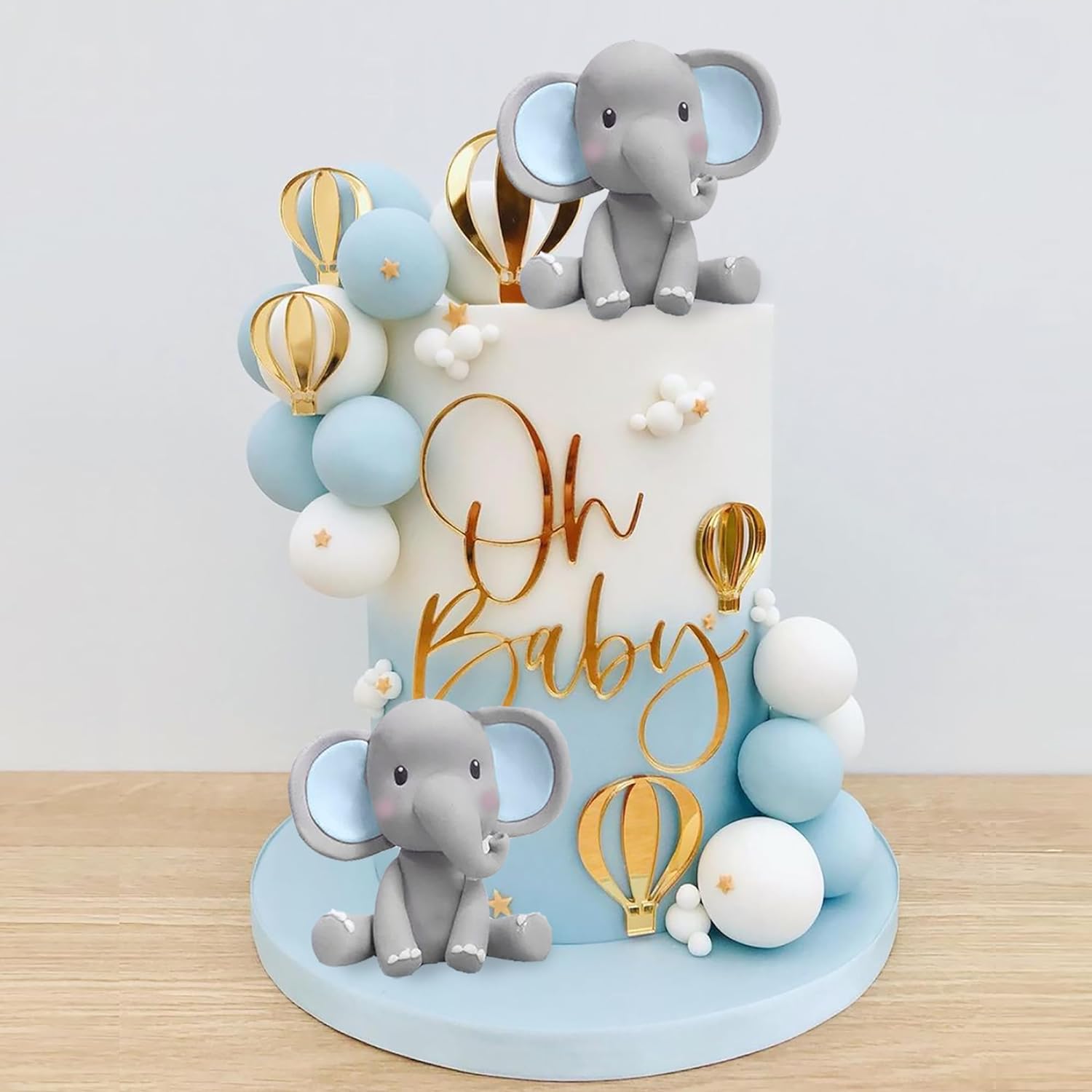 

Elephant Cake Decoration with Oh Baby Cake Topper Pearl Balls Hot Air Balloon for Baby Shower Boy Elephant Theme Birthday Party