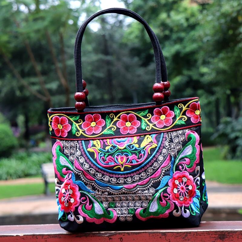 Ethnic Style Double-Sided Embroidery Lace Wooden Beads Vintage Canvas Women's Tote Handbag - Unique Retro Design for Stylish Ladies