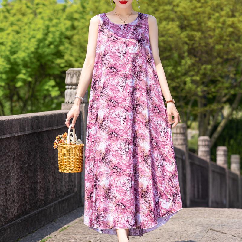 Elegant Sleeveless Dress Summer Fashion Casual Loose Vintage Print Long Dresses for Women Summer Clothes