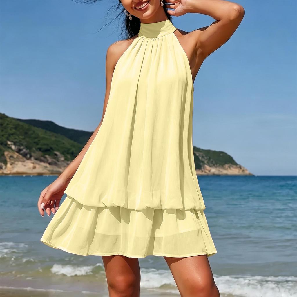 Sleeveless Halter Neck Mini Dress with Layered Hem and Loose Fit for Women Suitable for Various Occasions