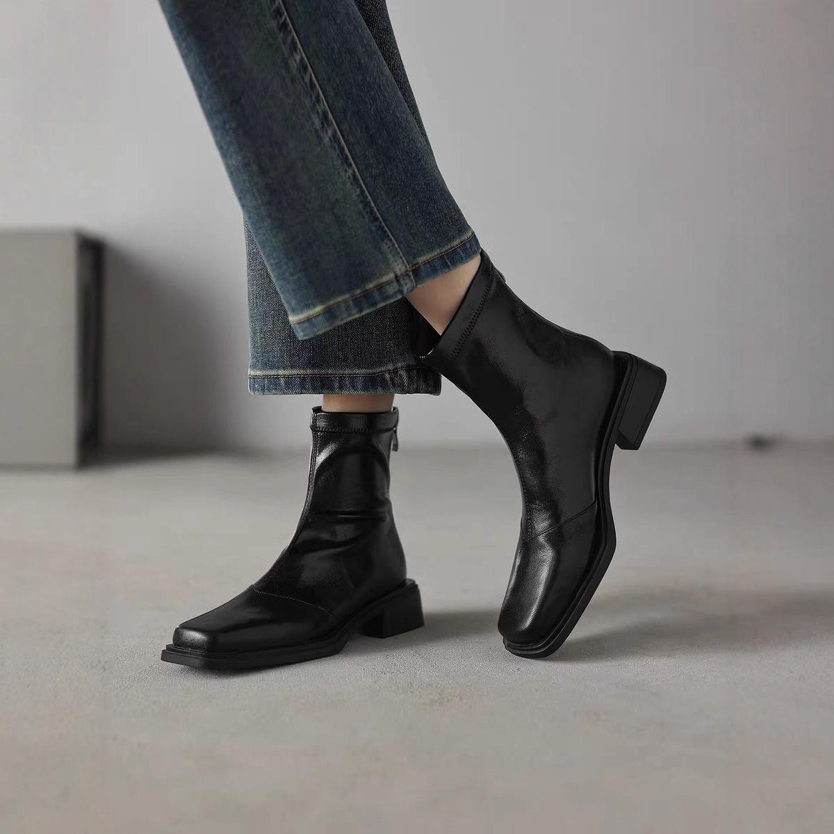 

Ruoji retro soft leather thick heel elastic short boots women s thin boots mid heel square head rear zipper black Martin boots new 40