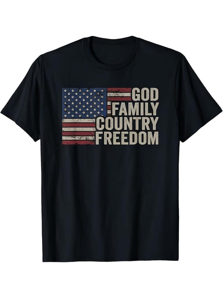 God Family Country Freedom - 4th July USA Flag Christian T-Shirt, Casual Short Sleeve Tee Fashion Solid Color Slim Fit & Stylish