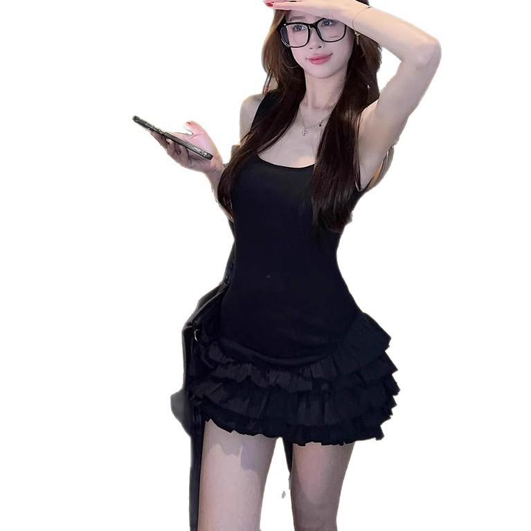 White suspender dress summer new ruffle design splicing thin ballet style a word short
