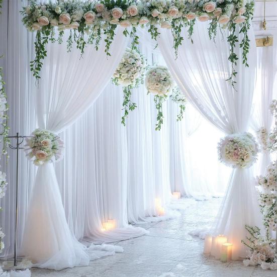 White Sheer Wedding Drape Gauze Arch Draping Fabric Champagne Drapes Backdrop Curtain Outdoor Drapery Panel for Wedding Ceremony Bridal