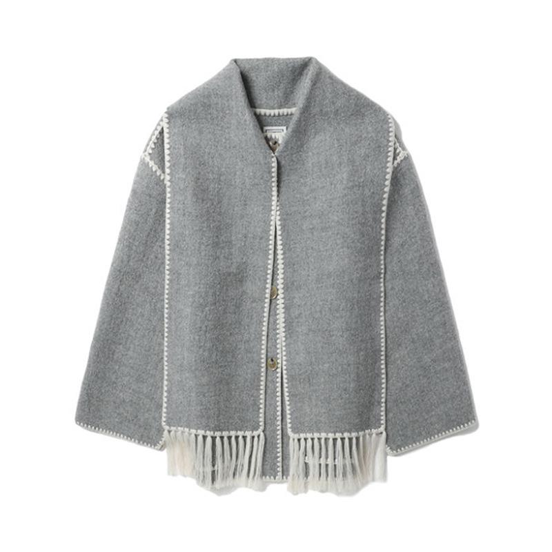 2023 Autumn/Winter Women's Wool Coat with Scarf & Tassels - European & American Style, Thick & Loose.