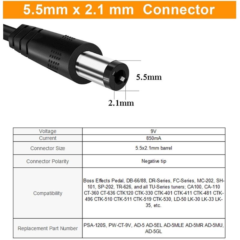 9V AC/for DC Power Adapter, UL Listed for DC Power Supply Cord Adapter 5.5x2.1mm Center Positive for DC Jack 6.6ft with