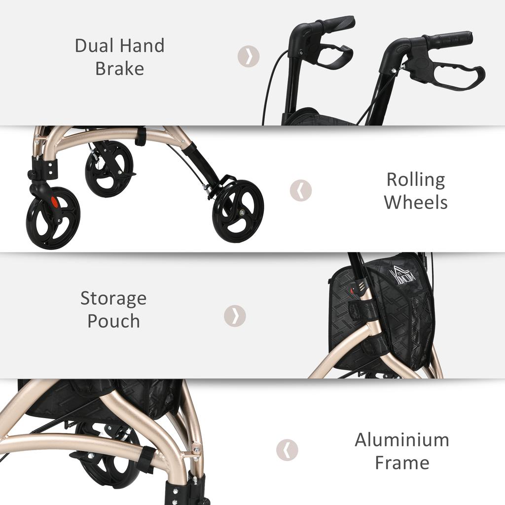 3 Wheel Rollator, Lightweight Aluminium Tri Walker with Adjustable Handle, Storage Bag and Dual Brakes, Folding Mobility Walking Aid for Elderly