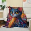 Psychedelic Dot Art Cat Flannel Blanket, Vibrant Colorful Feline Throw, Soft Cozy for Cat Lover Home Decor, Warm Sofa Couch Gift