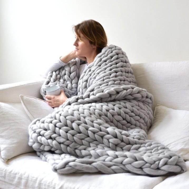 Hand Knit Chunky Yarn Arm Knit Blanket Cozy Wool Sofa Throw Afghan Warm Soft Home Decor Comfortable Essential 100x200cm светло-серый