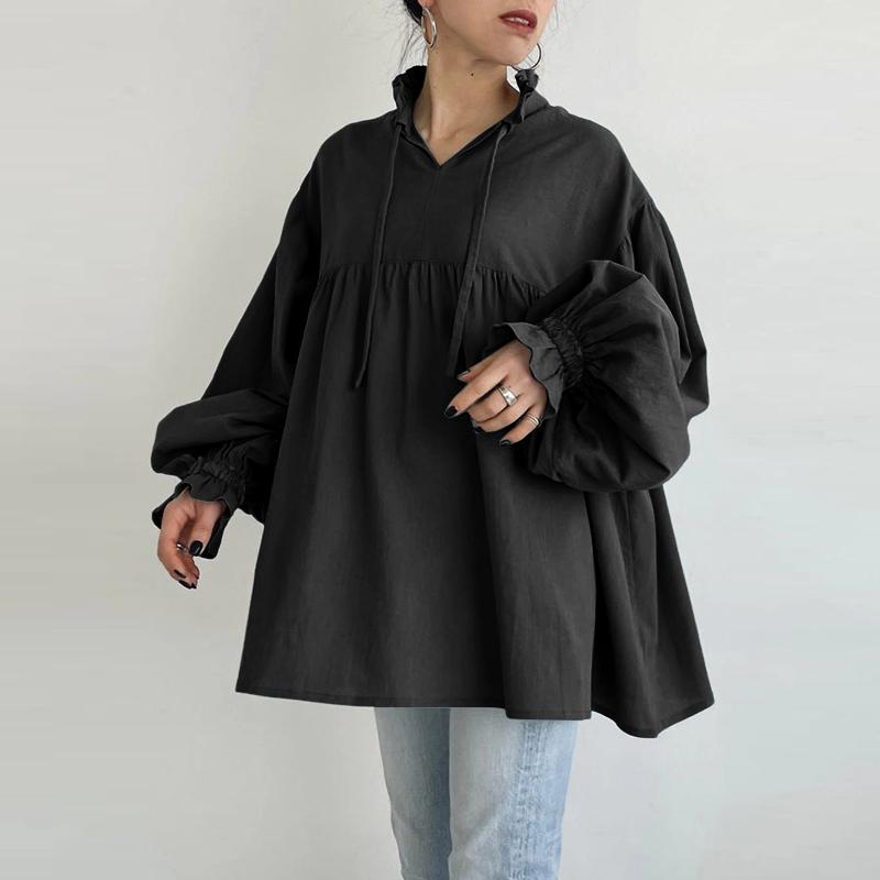 

ZANZEA Женская повседневная блузка с круглым вырезом, свободная, с длинными рукавами-буфами 5XL чёрный