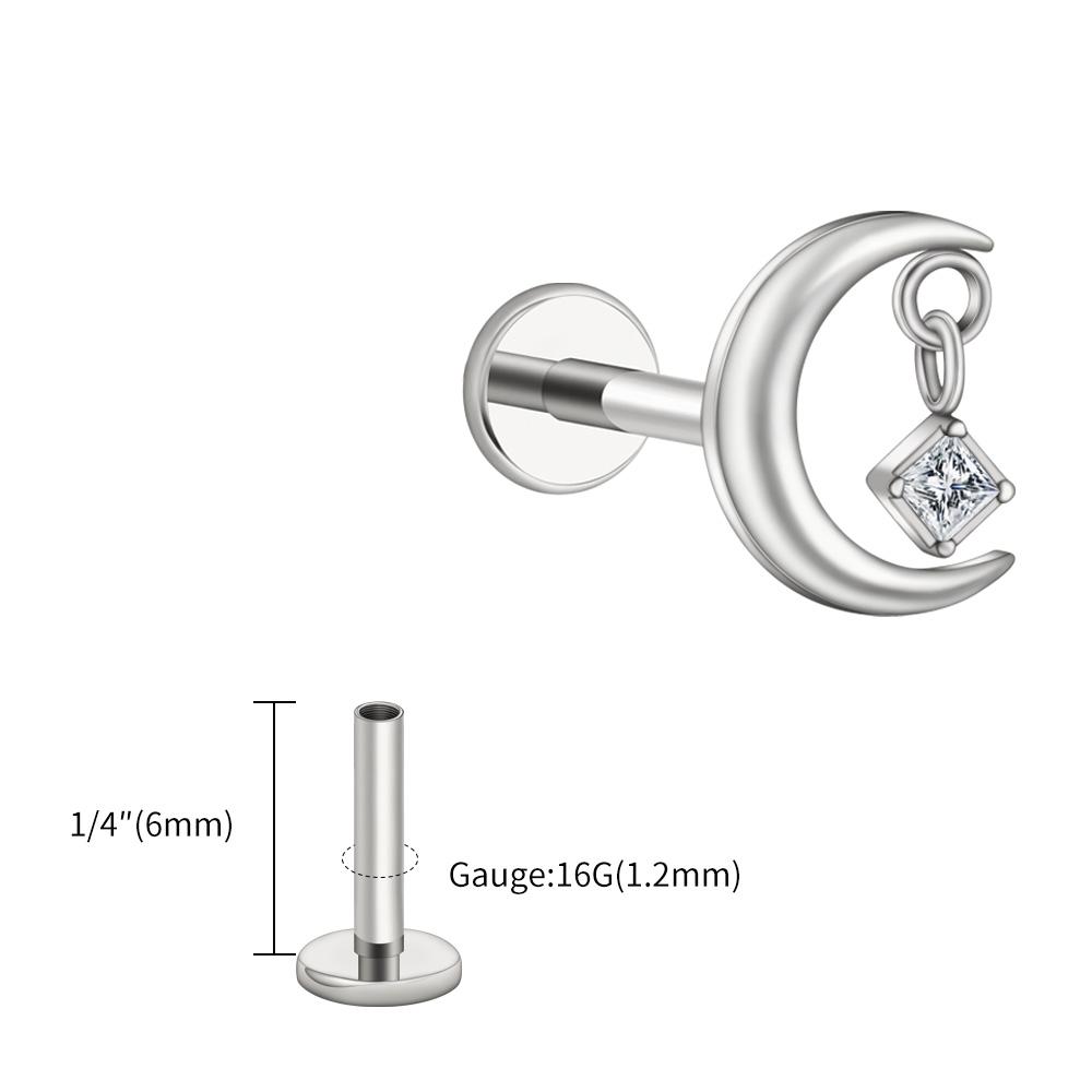 Right Grand ASTM F136 Titanium 16G CZ Moon Cartilage Earring Tiny Crescent Moon CZ Dangle Helix Tragus Conch Stud Ear Piercing