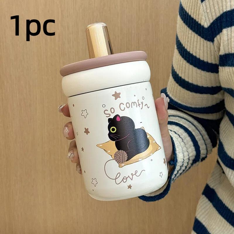 leak-proof Durable 500ml insulated water cup, cartoon black cat insulated bottle with handle straw for drinking water, 401-500ml белый