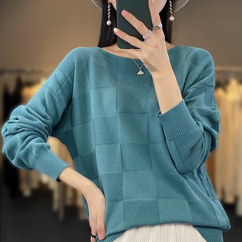 

Осень Зима Женский Хлопковый Мягкий Свитер Круглый Вырез Квадратный Узор Пуловер Свободный Модный Трикотаж Повседневный Базовый Топ L