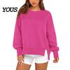 Drop Shoulder Long Sleeve Shirts Women Crew Neck Sweatshirt, Pullover, Loose Top Fit Casual Fall Winter with Side Slit Sweatshirt
