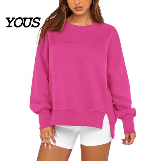 Drop Shoulder Long Sleeve Shirts Women Crew Neck Sweatshirt, Pullover, Loose Top Fit Casual Fall Winter with Side Slit Sweatshirt