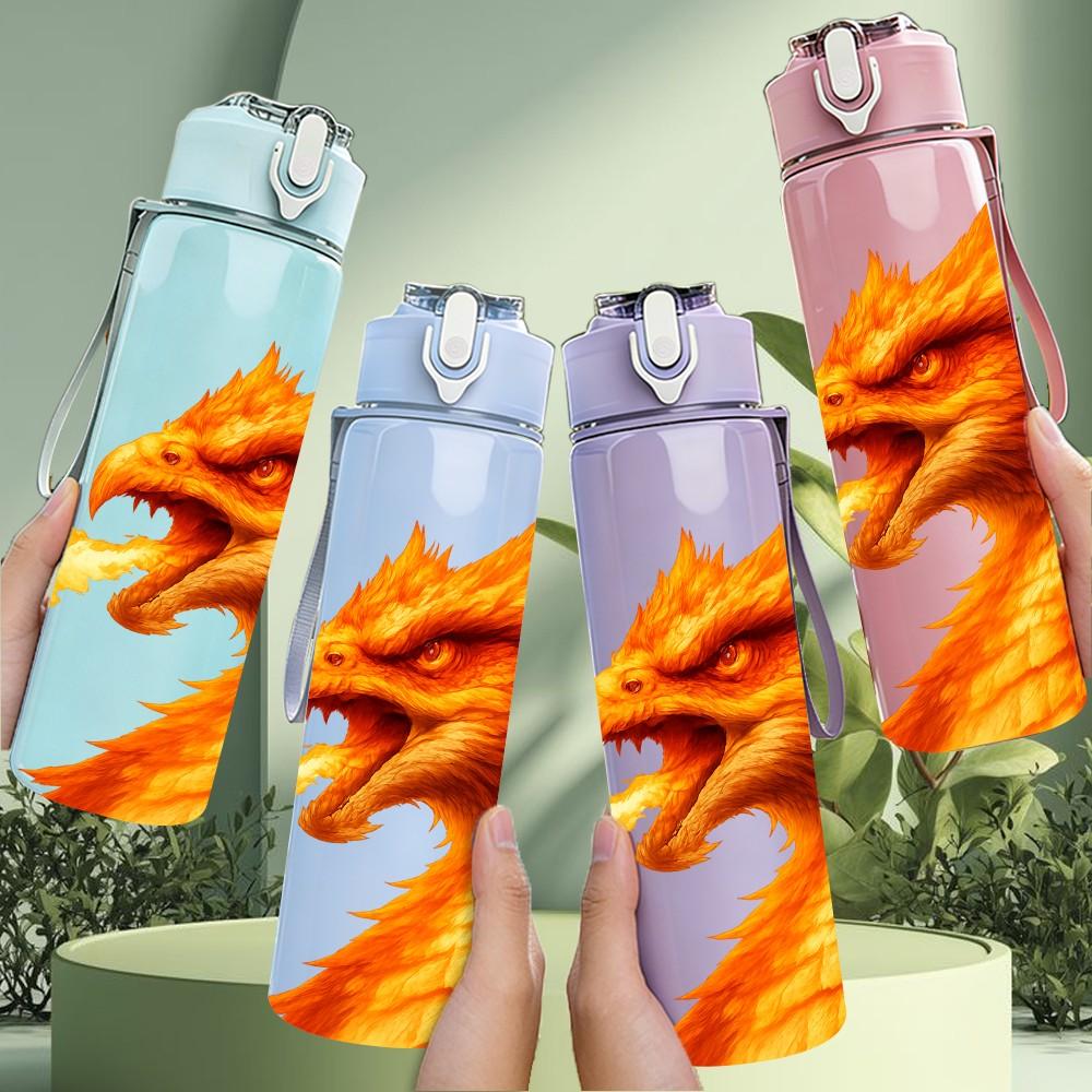 1PC Fiery Orange Fire Dragon Fantasy Print 750ml Color Plastic Sports Water Bottle Leakproof Flip Straw Lid Suitable for Sports Office Home Use