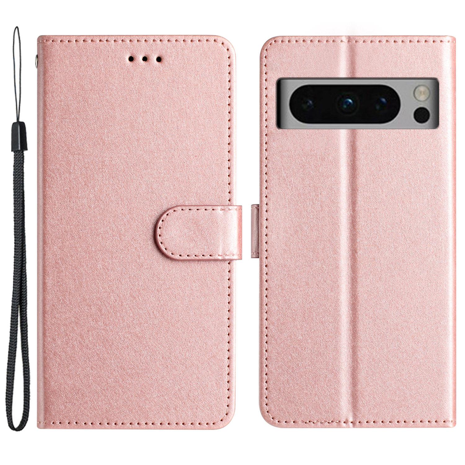 

For Google Pixel 8 Pro PU Leather Stand Cover Wallet Design Silk Texture Phone Case with Strap Rose Gold