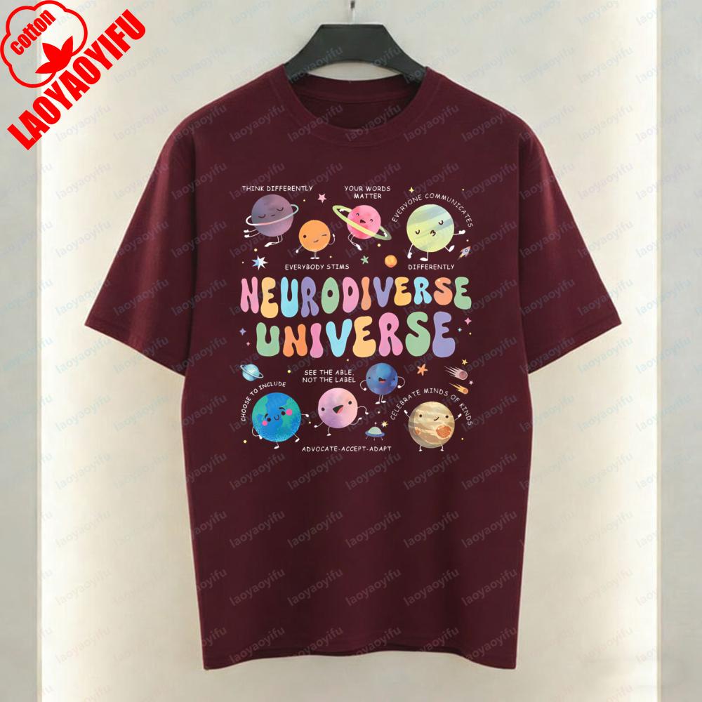 Autism Acceptance Women TShirt Neurodiverse Universe Print Tops Trendy Casual Cotton Tee Casual Style Kawaii Clothes Ropa Mujer