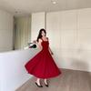 Red Medium and Long Simple Summer New Fashion High Sense French Temperament Small Suspender Dress
