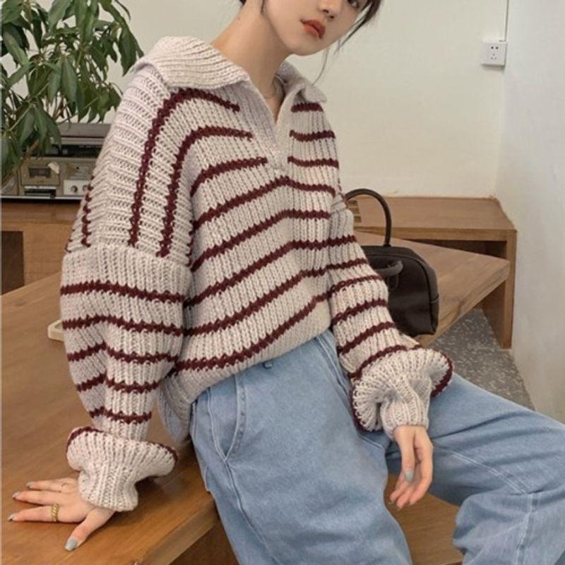 New Fall Women's Clothing Stripes Sweater Stylish Niche Style Knitwear Loose Outer Wear Small Short Tops