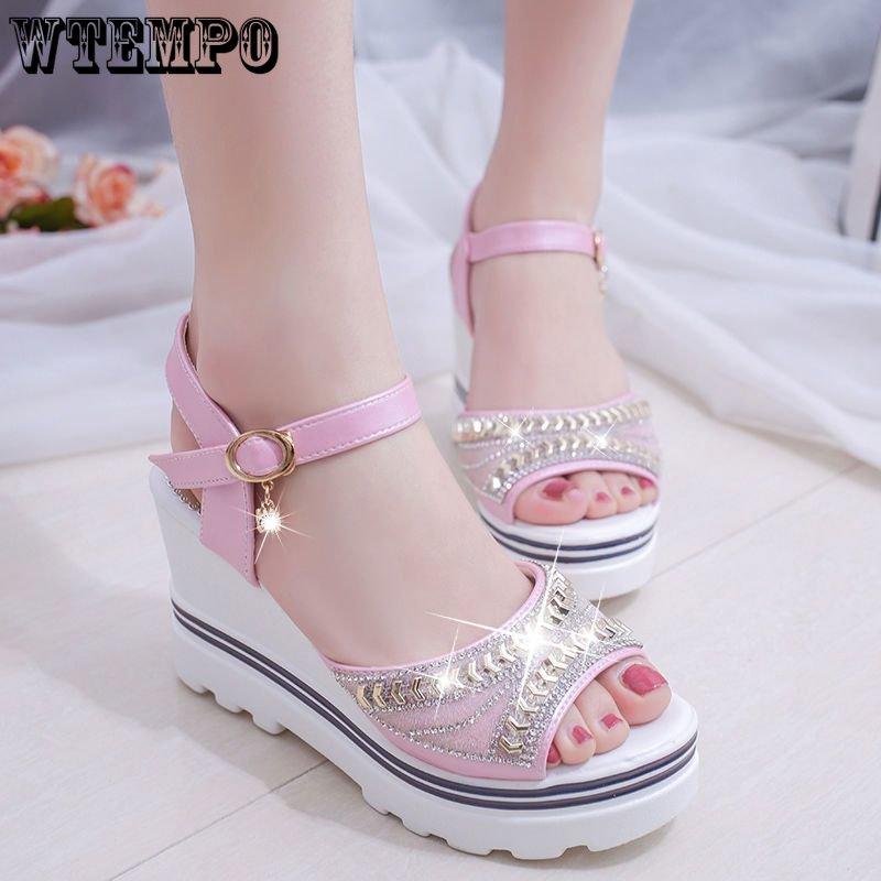 

Женские кексы на толстой подошве Сандалии со стразами Женские танкетки на высоком каблуке Мягкие тапочки Обувь