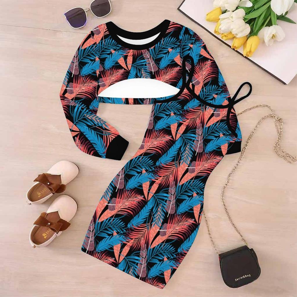 Girls Cartoon 2 Piece Outfits, Long Sleeve Crop Top + Spaghetti Strap Bodycon Dress, Vibrant Abstract Print Party Dress Set
