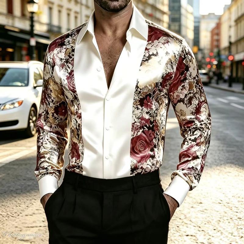 Satin Silk Long Sleeved Printed Men's Shirt Slim Fit Party Nightclub Casual Formal Shirt, 2026 New Model, Plus Size Top