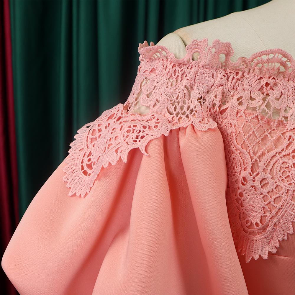 Women's One-Shoulder Lace Banquet Dress with Lantern Sleeves