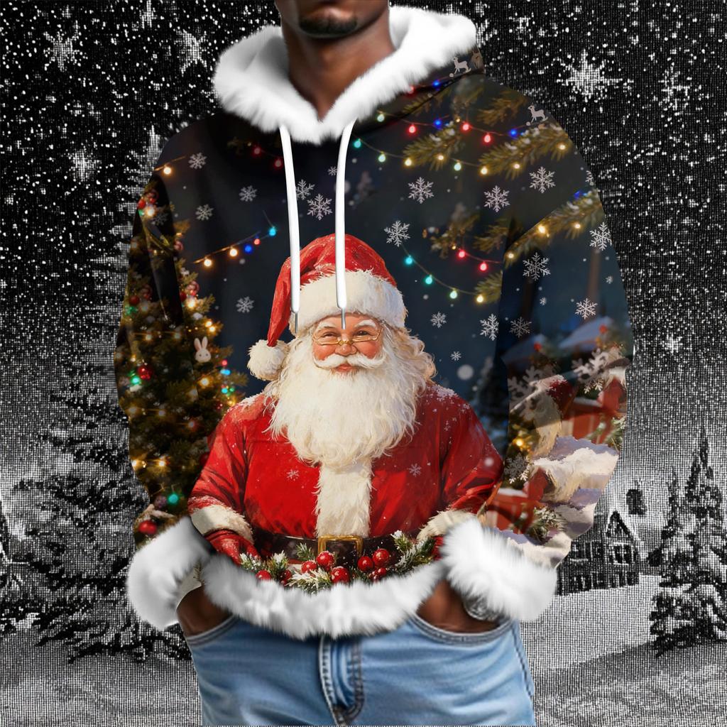 Men's Christmas Printed Lined Hoodie | Faux Trim Party Sweatshirt With Pocket | Plus Size Loose Fit Holiday Pullover