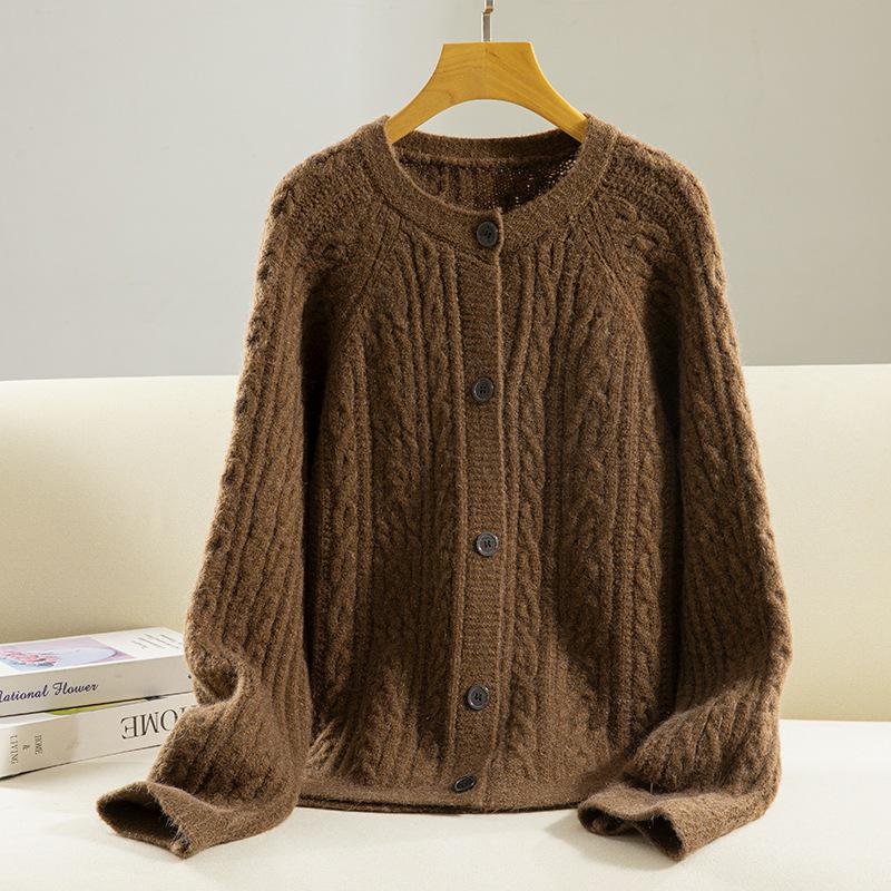 Korean Style Cable Knit Round Neck Cardigan: Single-Breasted, Loose, Warm Winter Sweater Coat