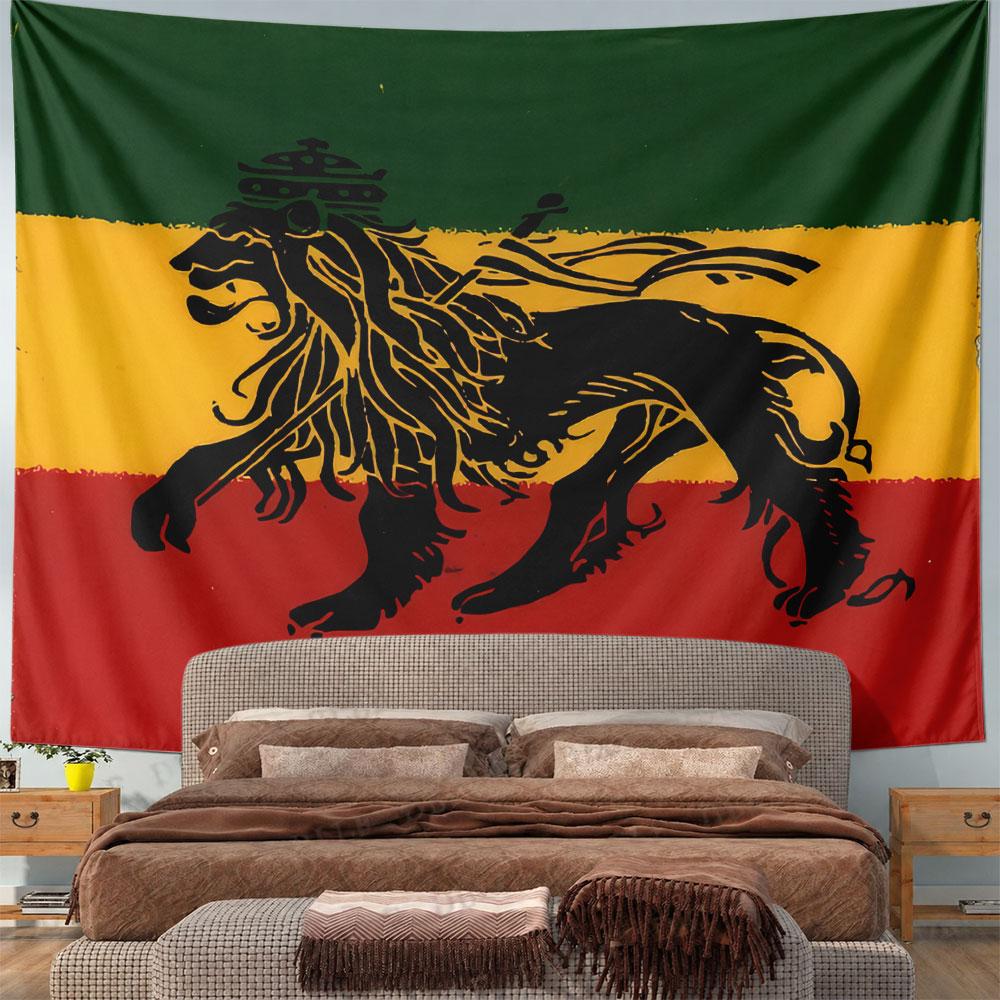 A black lion with a crown and flag on green, yellow, and red stripes. Patterned tapestry for bedroom and living room home decor