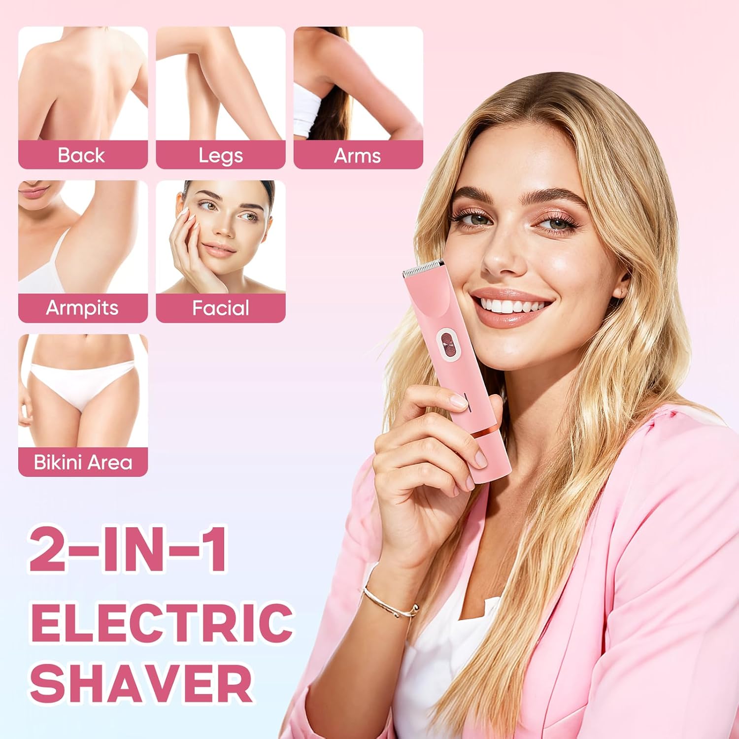 2 in 1 Bikini Trimmer for Women, Dual Head Electric Razor, IPX7 Waterproof Wet/Dry Use Women Electric Shaver, Painless Body Facial Hair Remover for
