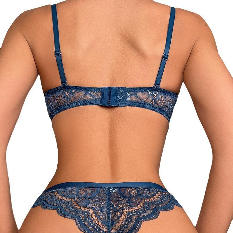 European and American Women Sexy Hollow Out Lace Floral Lingerie Set Embroidered Underwear Set Half Cup Push Up Removable Straps Bra and Panties Set