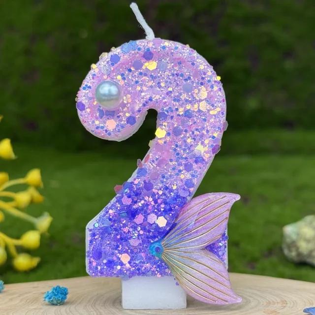 1pc Purple Mermaid Tail Glitter 0-9 Number Candle Decoration Anniversaire Birthday Party Candle Cake Decoration Toos for Girls
