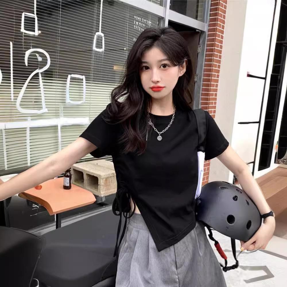 Irregular Drawstring Hem Short Fit Slim Fit T-shirt for Women, Split Short Sleeved Top, Solid Color