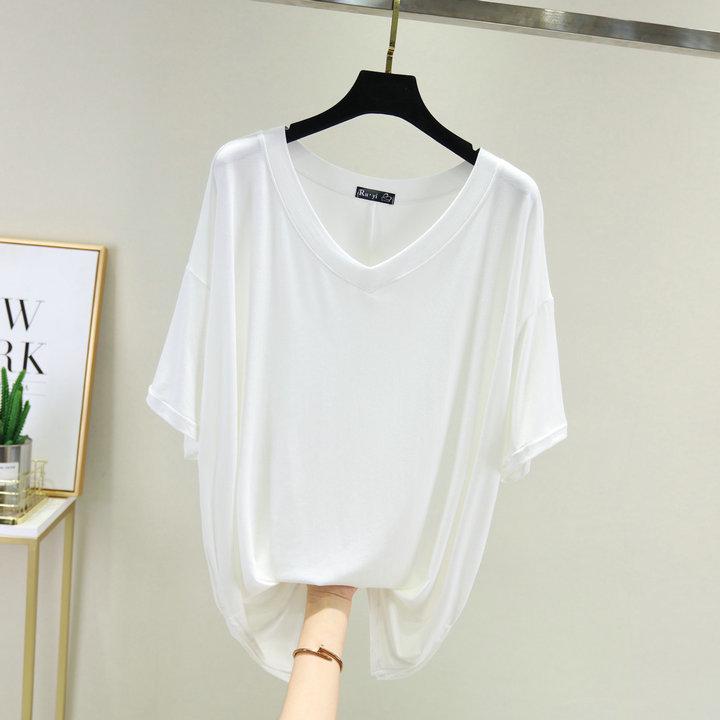 Koreanischer Stil Damen Übergröße V-Ausschnitt Sommer T-Shirt - Kurzarm, Schlankmachend, Vielseitiges Einfarbiges Modal-Top