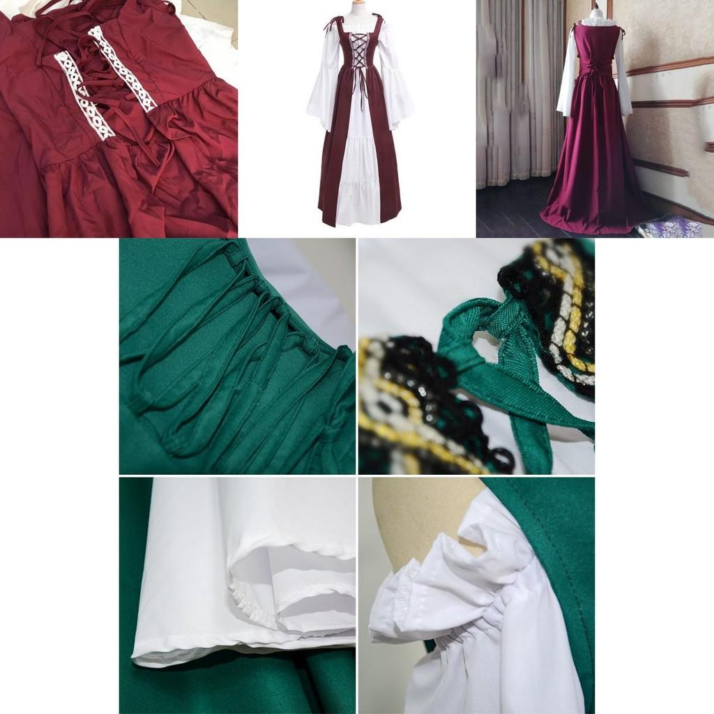 Elegantes Damen Vintage Renaissance Mittelalter Langes Kleid Mit Ausgestellten Ärmeln Und Schnürdetail