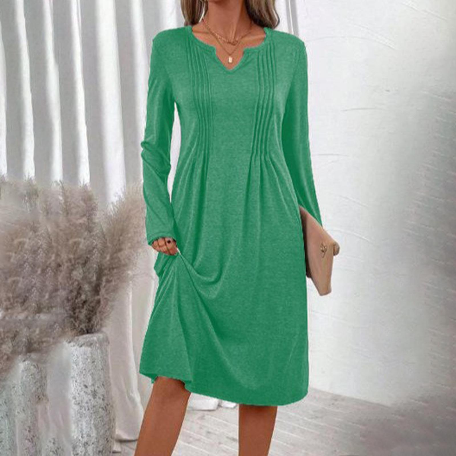

Women s -color V-neck Long-sleeved Loose Pleated Dress S зелений