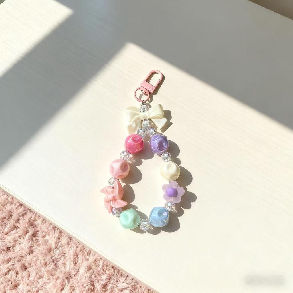Dopamin Girly Blume Schleife Perlen Handykette & Lippenstift Halter Schlüsselanhänger