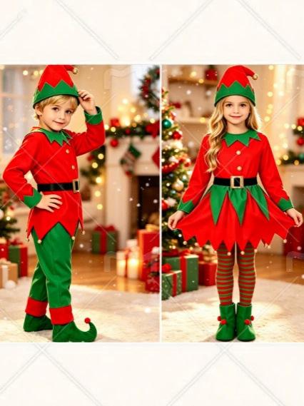 2026 Weihnachten Eltern-Kind-Kostüm Kinder Cosplay Grünes Elfen Rollenspiel-Set für Kindergarten Feiertags-Familien-Partnerlook