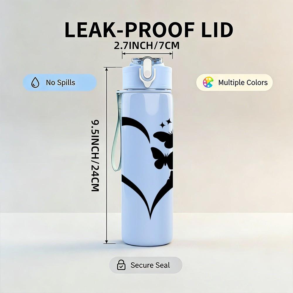 1PC Heart Butterfly Silhouette 750ml Color Plastic Sports Water Bottle Leakproof Flip Straw Lid Suitable for Sports Office Home Use