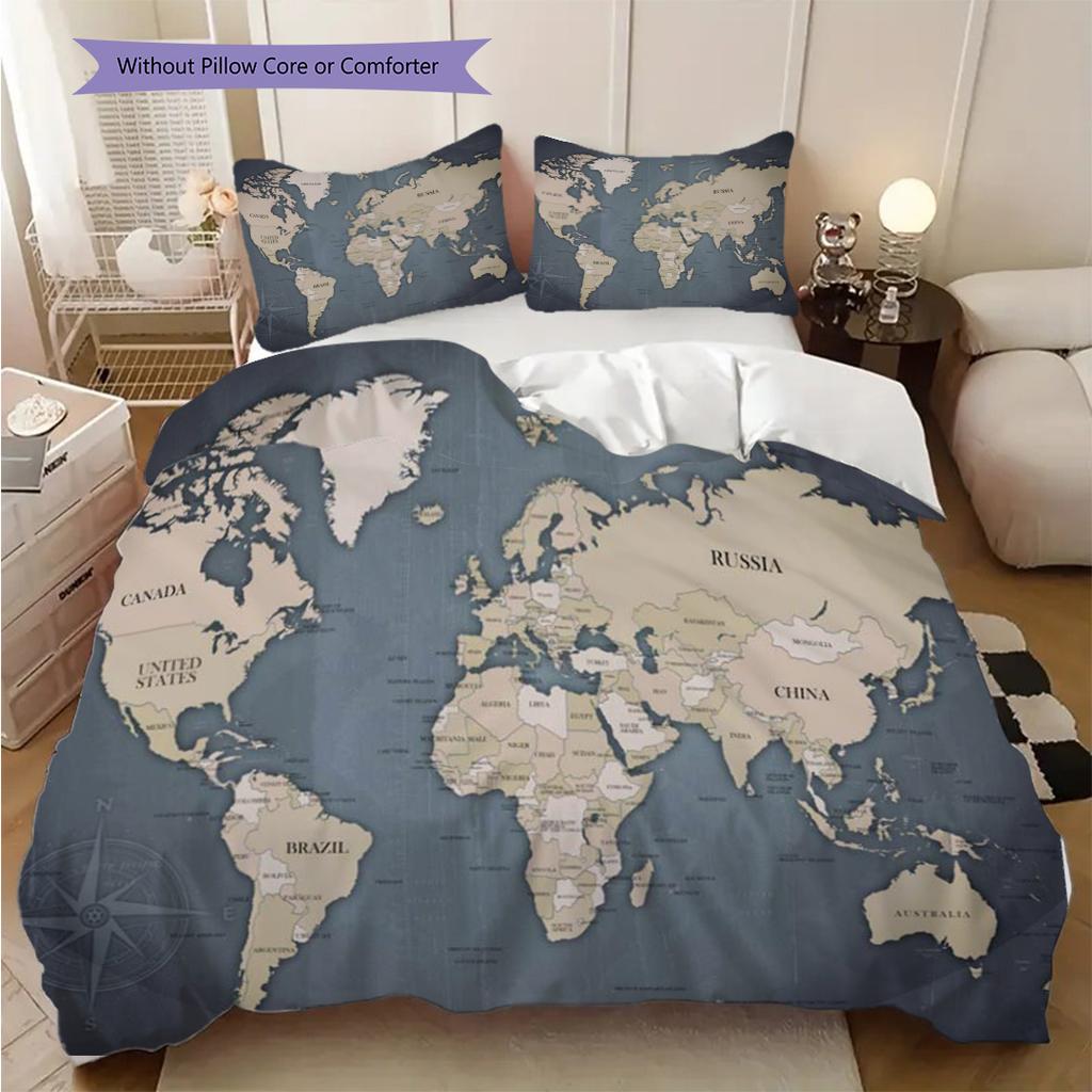 Vintage World Map Artistry Bedding (1 * duvet cover + 2 * pillowcase, without core) 2D Flat Christmas birthday gift Soft and comfortable Bedding set